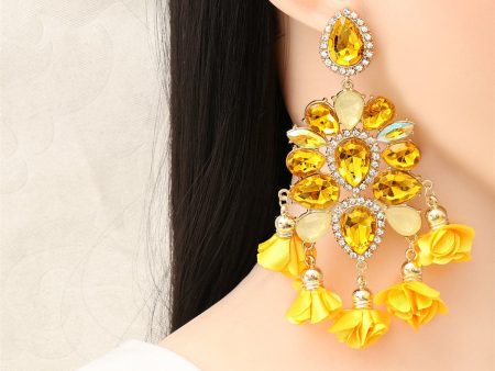 Yellow Crystal & Cubic Zirconia Silk 18K Gold-Plated Flower Tassel Dangle Earring For Sale