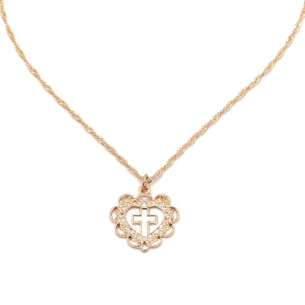 18K Gold-Plated Cross Floral Heart Pendant Necklace For Cheap