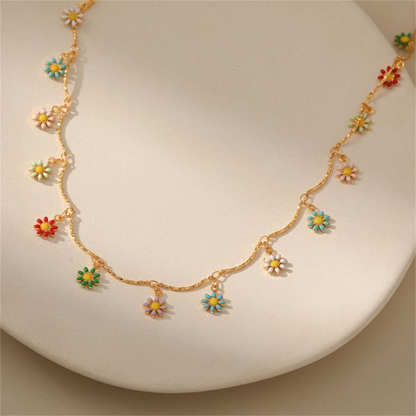 Vibrant Enamel & 18K Gold-Plated Daisy Charm Station Necklace For Sale