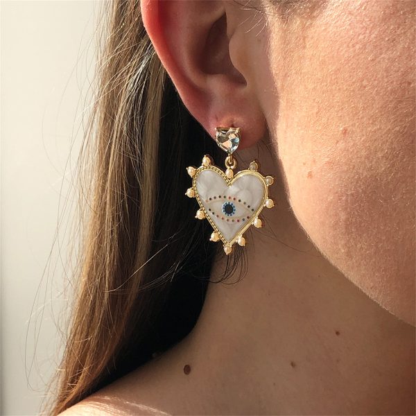 White Enamel & Crystal Pearl 18K Gold-Plated Eye Heart Drop Earrings For Sale