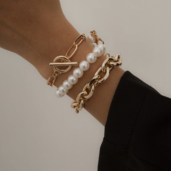 Pearl & 18K Gold-Plated Bracelet Set For Cheap