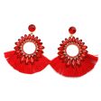 Red Polyster & Cubic Zirconia Crystal Round Tassel Drop Earrings Fashion