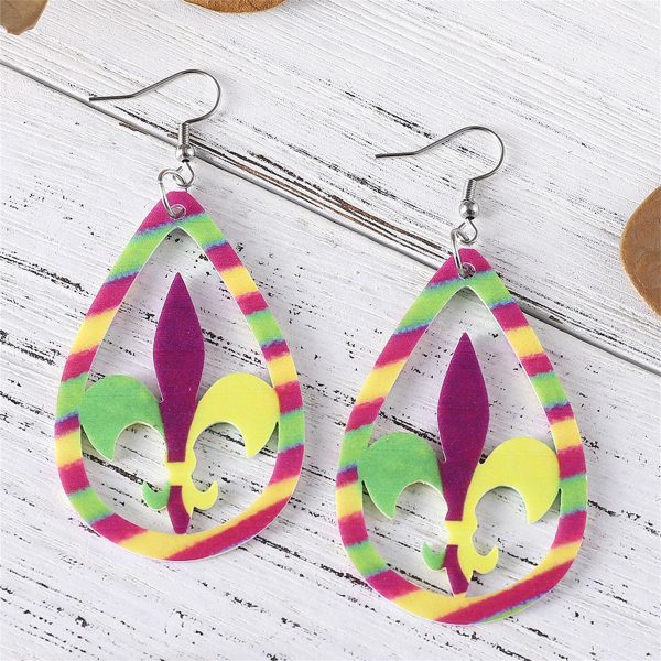 Yellow & Purple Fleur-De-Lis Stripe Drop Earrings Cheap