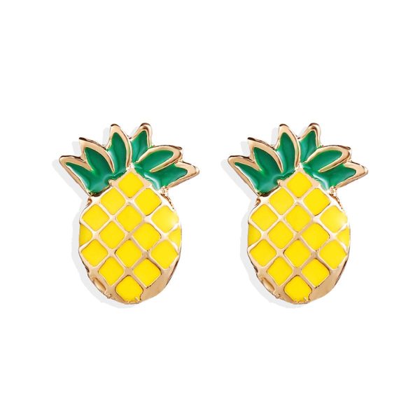 Yellow & Green Enamel Pineapple Stud Earrings Fashion