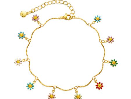 Yellow Enamel & 18K Gold-Plated Multicolor Daisy Charm Anklet Fashion