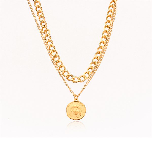 18K Gold-Plated Cuban Chain Coin Pendant Layered Necklace For Sale