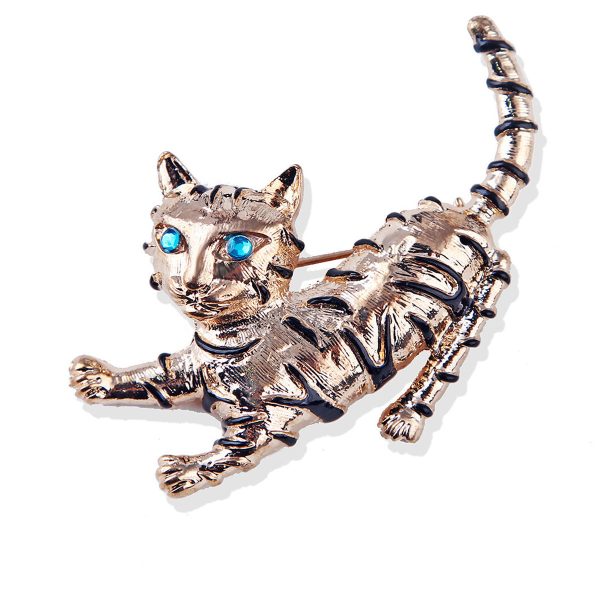 Blue Cubic Zirconia & Enamel 18K Gold-Plated Cat Brooch For Discount