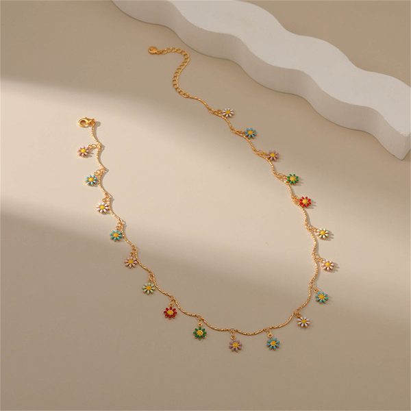 Vibrant Enamel & 18K Gold-Plated Daisy Charm Station Necklace For Sale