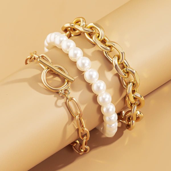 Pearl & 18K Gold-Plated Bracelet Set For Cheap