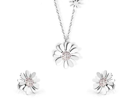 Cubic Zirconia & Stainless Steel Mum Stud Earrings & Pendant Necklace Online now