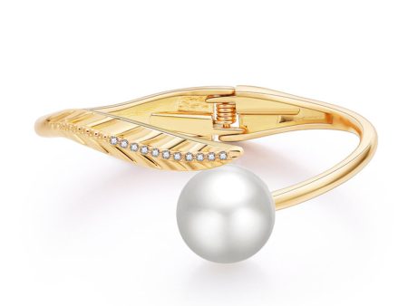 White Pearl & Cubic Zirconia 18K Gold-Plated Leaf Hinge Bangle Online now