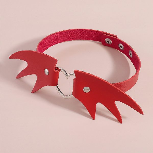 Red Polyurethane & Silver-Plated Bat Wing Heart Choker Necklace Fashion