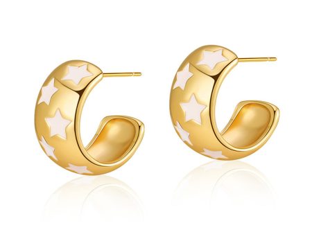 White Enamel & 18K Gold-Plated Stars Huggie Earring Cheap