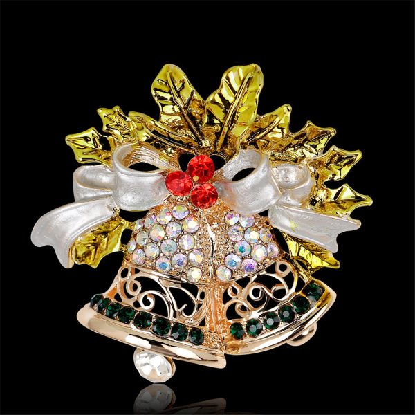 Cubic Zirconia & 18K Gold-Plated Botany Bow & Bell Brooch For Sale