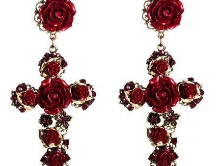 Red Resin & Cubic Zirconia Rose Cross Drop Earrings Online Sale