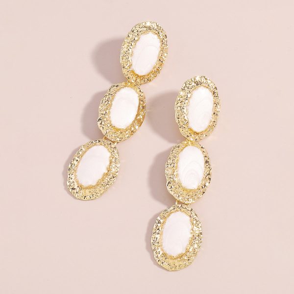 White Enamel & 18K Gold-Plated Textured Oval Trio Drop Earrings on Sale