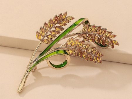 18K Gold-Plated Crystal & Green Enamel Wheat Brooch on Sale