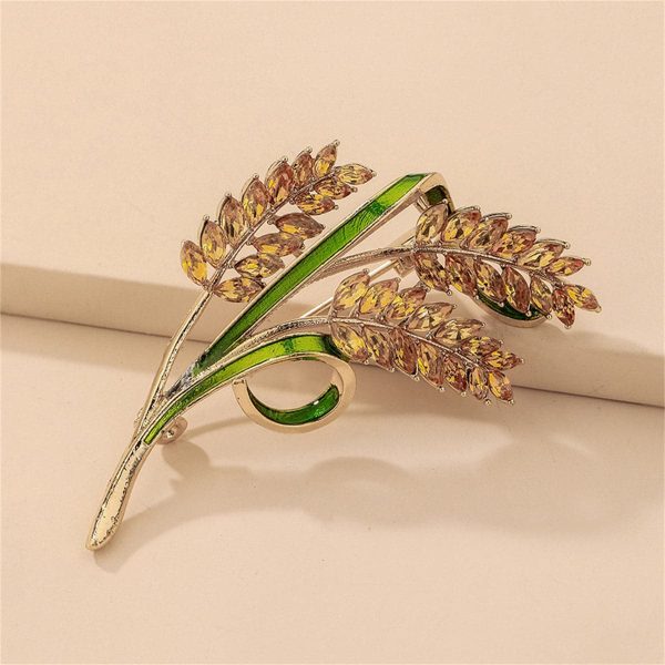 18K Gold-Plated Crystal & Green Enamel Wheat Brooch on Sale