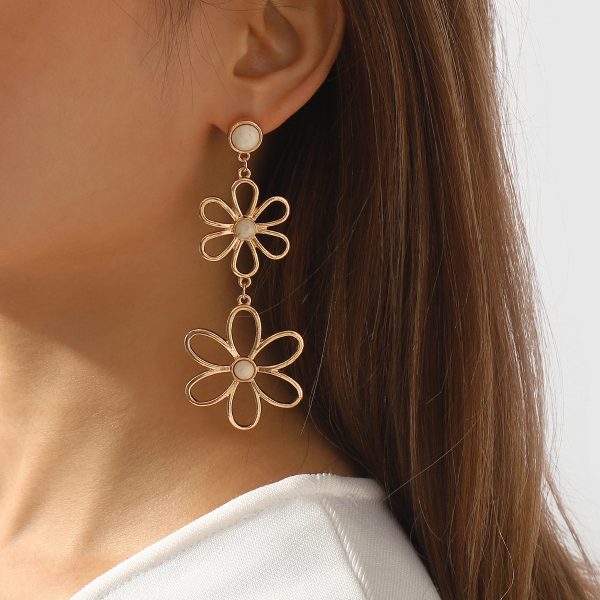 White Turquoise & 18K Gold-Plated Open Flowers Drop Earrings Sale