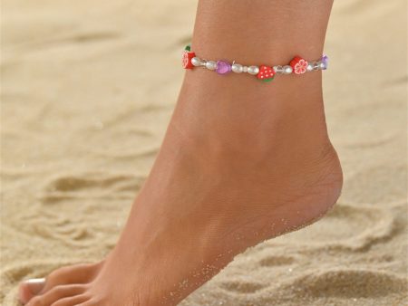 Polymer Clay & Pearl Strawberry Flower Stretch Anklet on Sale