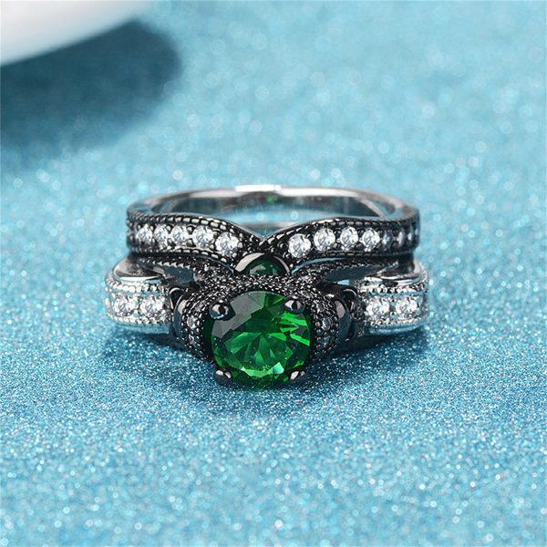 Green Crystal & Cubic Zirconia Two-Tone Skull Ring Set For Discount