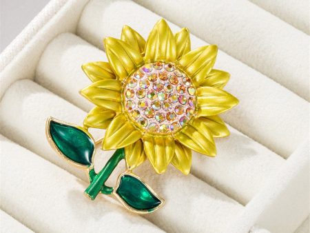 Cubic Zirconia & 18K Gold Plated Sunflower Brooch For Sale