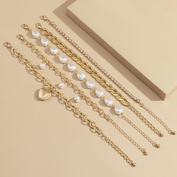 Pearl & Cubic Zirconia 18K Gold-Plated Heart Bracelet Set Supply