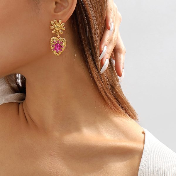 Rose Crystal & 18K Gold-Plated Flower Heart Drop Earrings For Cheap