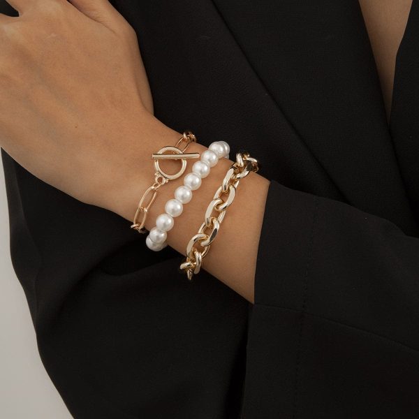 Pearl & 18K Gold-Plated Bracelet Set For Cheap