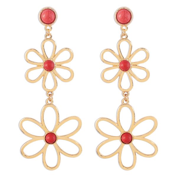 Red Turquoise & 18K Gold-Plated Open Flowers Dangle Earring Cheap