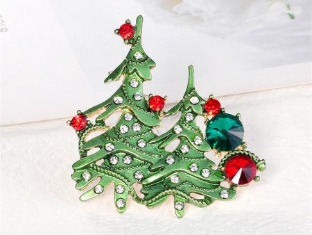 Clear Cubic Zirconia & Green Enamel Christmas Tree Brooch on Sale