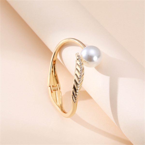 White Pearl & Cubic Zirconia 18K Gold-Plated Leaf Hinge Bangle Online now