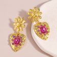 Rose Crystal & 18K Gold-Plated Flower Heart Drop Earrings For Cheap