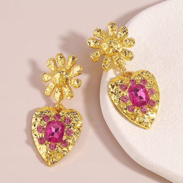 Rose Crystal & 18K Gold-Plated Flower Heart Drop Earrings For Cheap