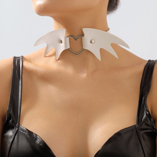 White Polyurethane & Silver-Plated Bat Wing Heart Choker Necklace Cheap