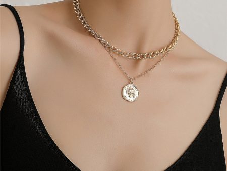 18K Gold-Plated Cuban Chain Coin Pendant Layered Necklace For Sale