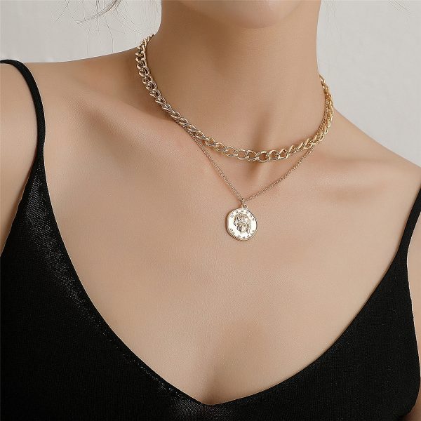 18K Gold-Plated Cuban Chain Coin Pendant Layered Necklace For Sale