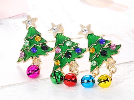 Colorful Cubic Zirconia & Green Enamel Christmas Tree Bell Brooch Fashion