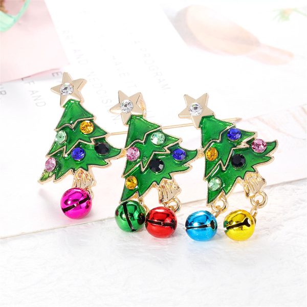 Colorful Cubic Zirconia & Green Enamel Christmas Tree Bell Brooch Fashion