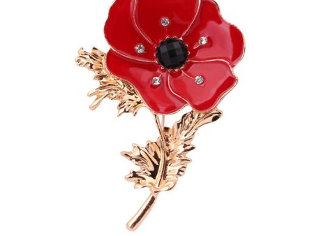 Red Enamel & Black Cubic Zirconia 18K Gold-Plated Flower Brooch For Sale