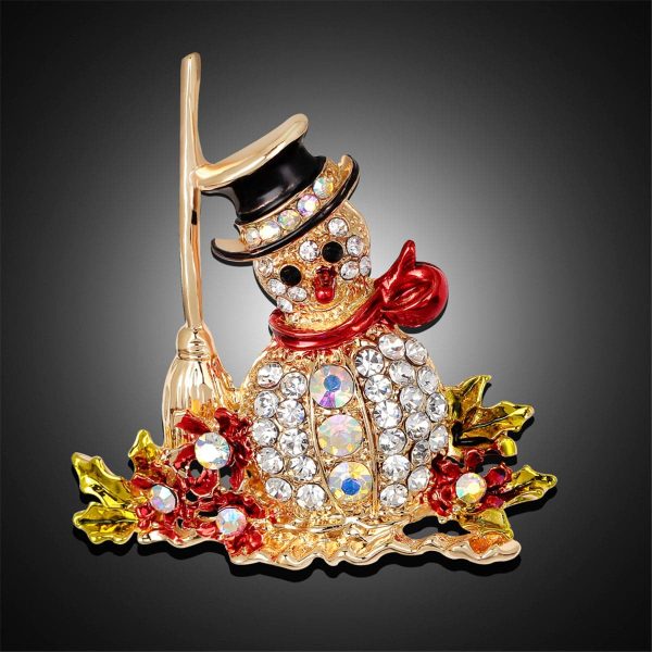 Cubic Zirconia & 18K Gold-Plated Snowman Broom Brooch Sale