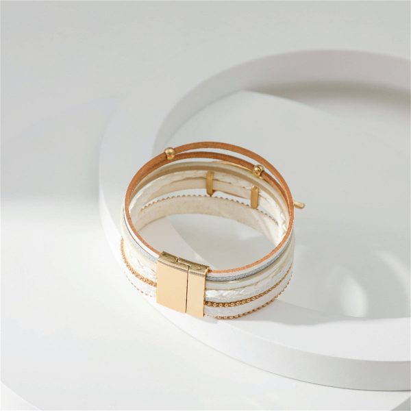 White Polystyrene & 18K Gold-Plated Bead Line Leaf-Charm Layered Bangle Online Sale