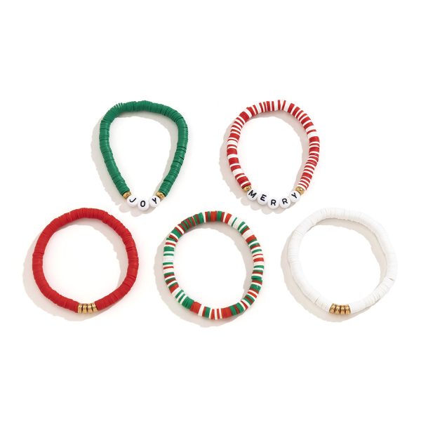 Green & Red  Merry   Joy  Beaded Stretch Bracelet Set For Cheap