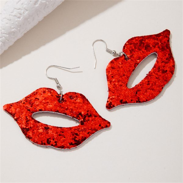 Red Polystyrene & Silver-Plated Glitter Lip Drop Earrings For Sale