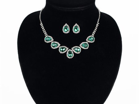 Green & Cubic Zirconia Pear Statement Necklace & Stud Earrings For Cheap