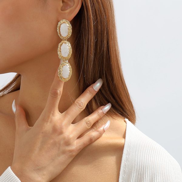 White Enamel & 18K Gold-Plated Textured Oval Trio Drop Earrings on Sale