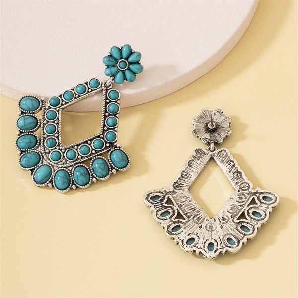 Turquoise & Silver-Plated Floral Rhombus Drop Earrings on Sale