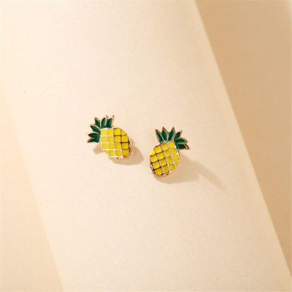 Yellow & Green Enamel Pineapple Stud Earrings Fashion