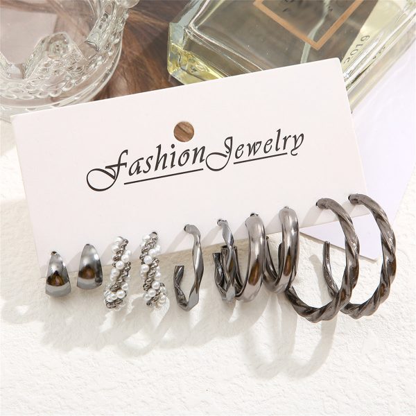 Pearl & Black-Tone Twisted Hoop Earrings Set For Sale