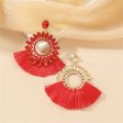 Red Polyster & Cubic Zirconia Crystal Round Tassel Drop Earrings Fashion